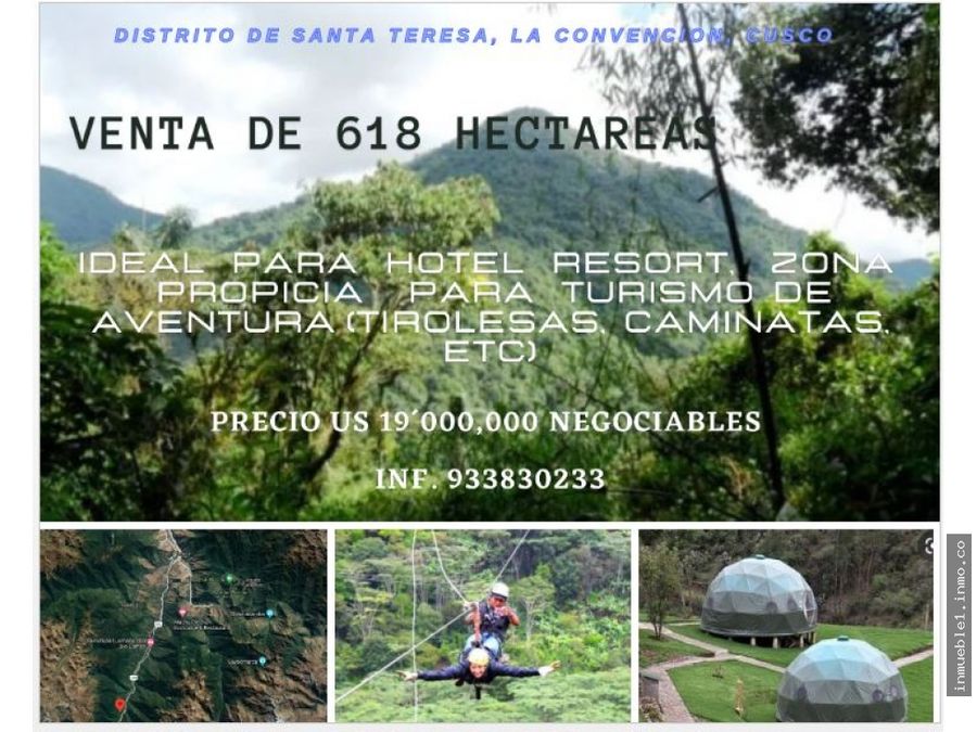 Venta de 618 hectareas en el Cuzco, distrito de Santa Teresa