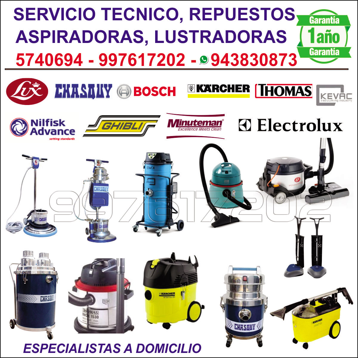 SERVICIO TECNICO PARA LUSTRADORAS, ASPIRADORASELECTROLUX, THOMAS, CHASKY, KARCHER,  997617202